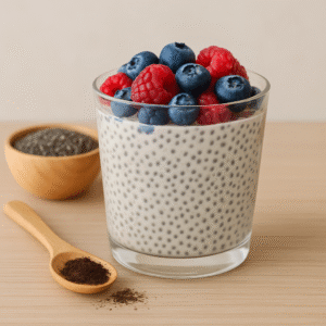 Chia pudding in a glass, topped with fresh berries