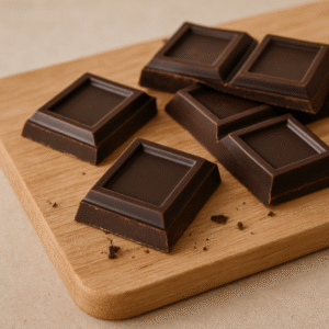 Some pieces of raw chocolate on a wooden board