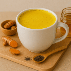 Turmeric latte in a mug on a wooden board with turmeric root and black pepper