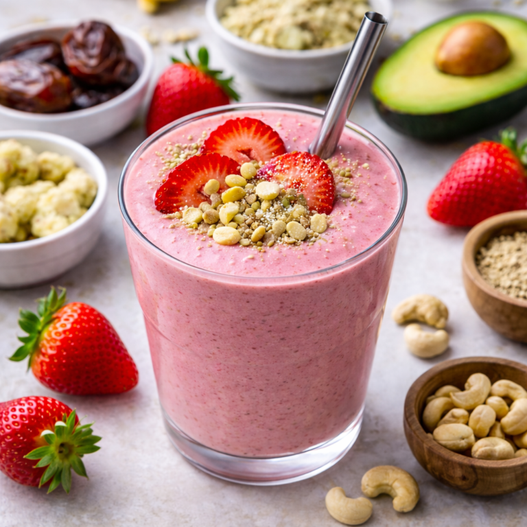 Creamy Strawberry Smoothie by Phe Ledwell, plant-based Nutritional Therapist