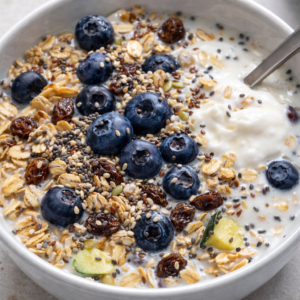 Seedy Blueberry & Raisin Muesli by Phe Ledwell, plant-based Nutritional Therapist
