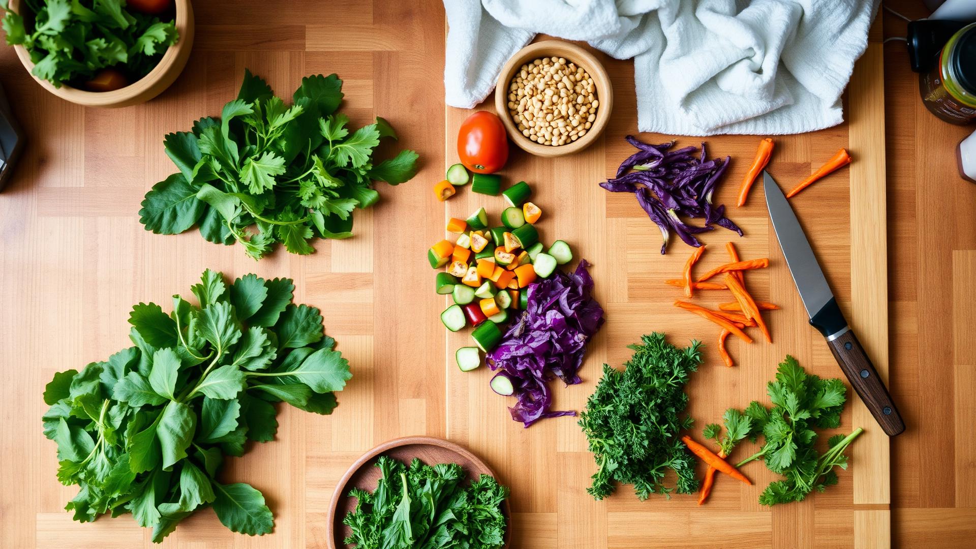 My approach to nutrition coaching with fresh whole plant foods on a wooden chopping board