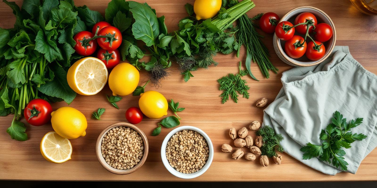 Overhead view of fresh whole plant foods laid out on a wooden kitchen counter