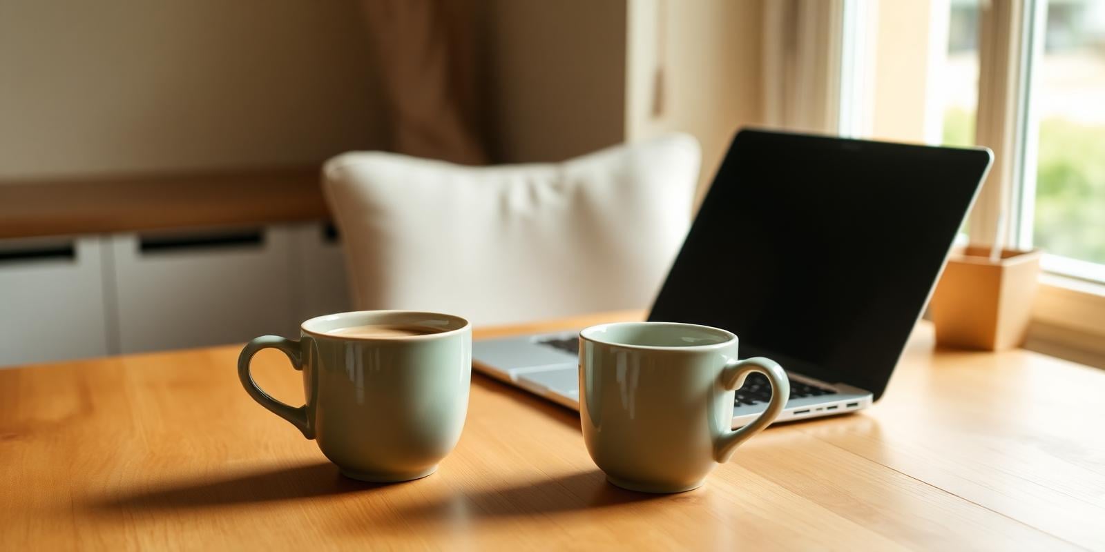 Two mugs and an open laptop on a warm wooden table by a sunny window