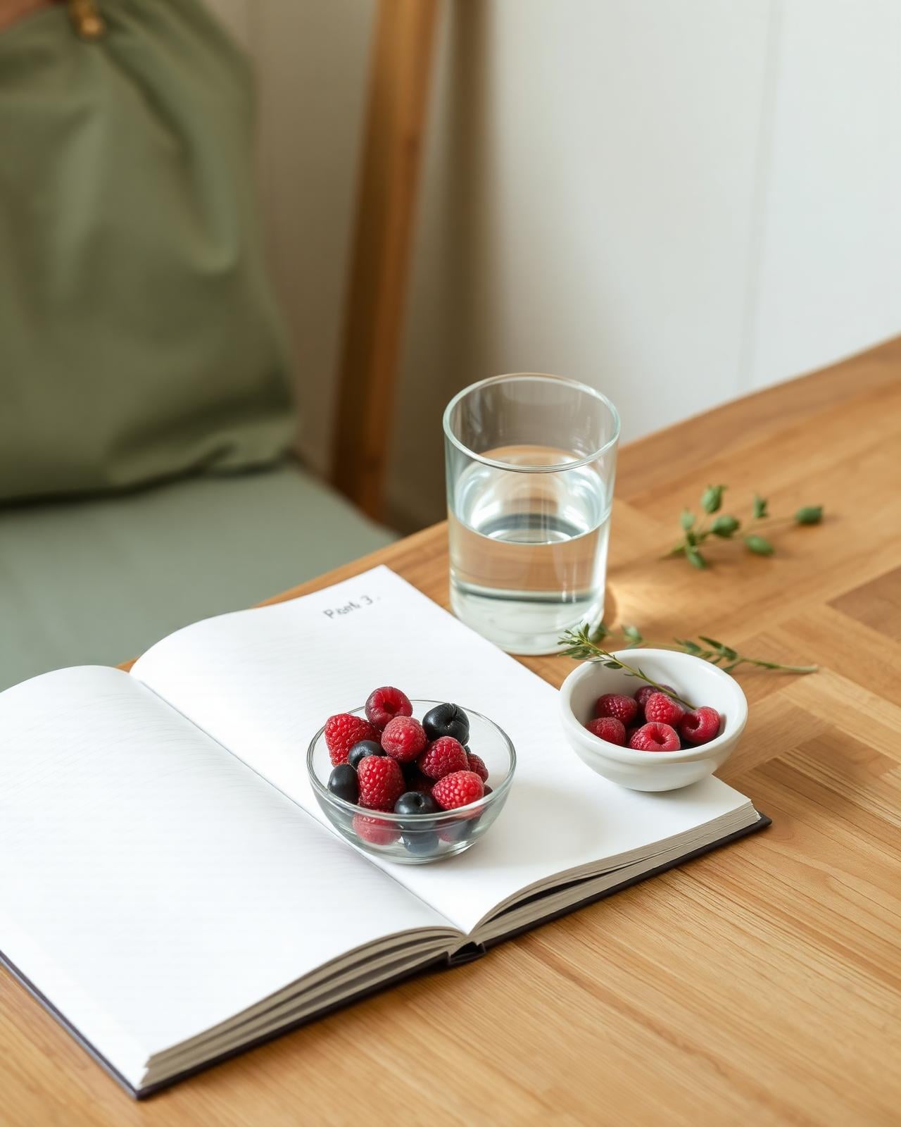 An open notebook, a glass of water and a small bowl of fresh berries on a warm wooden table