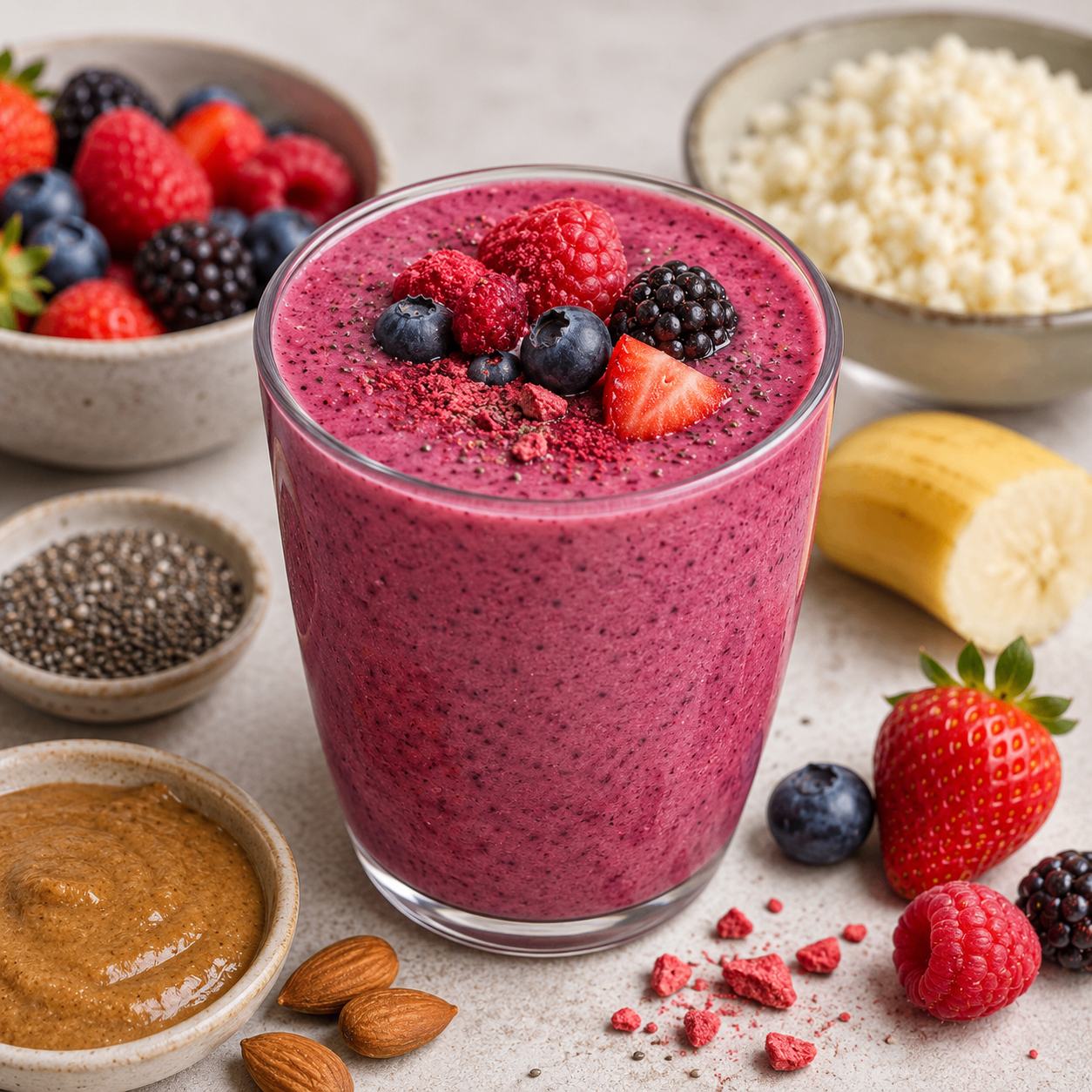 Berry and almond smoothie topped with berries