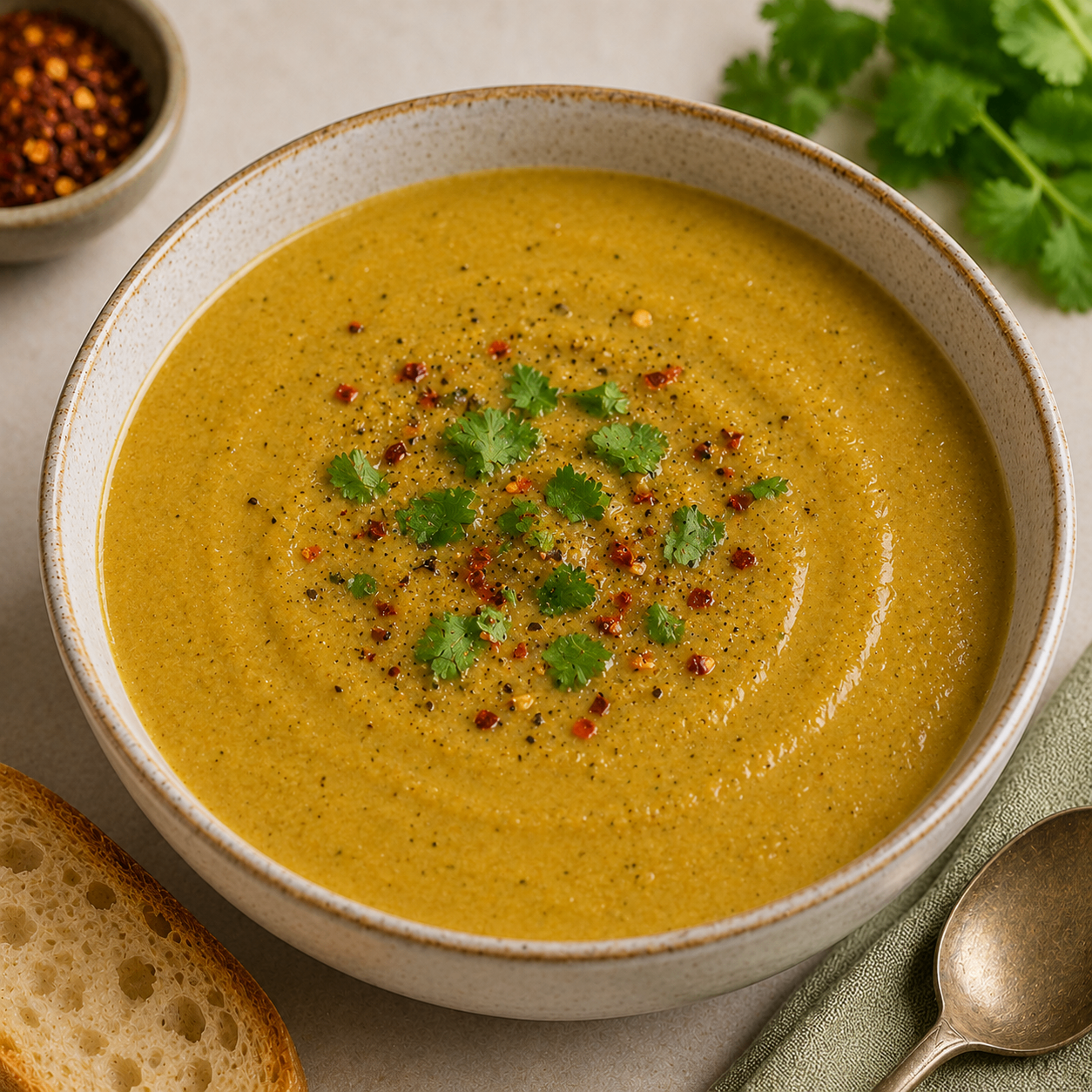 Broccoli and lentil soup garnished with herbs and spices