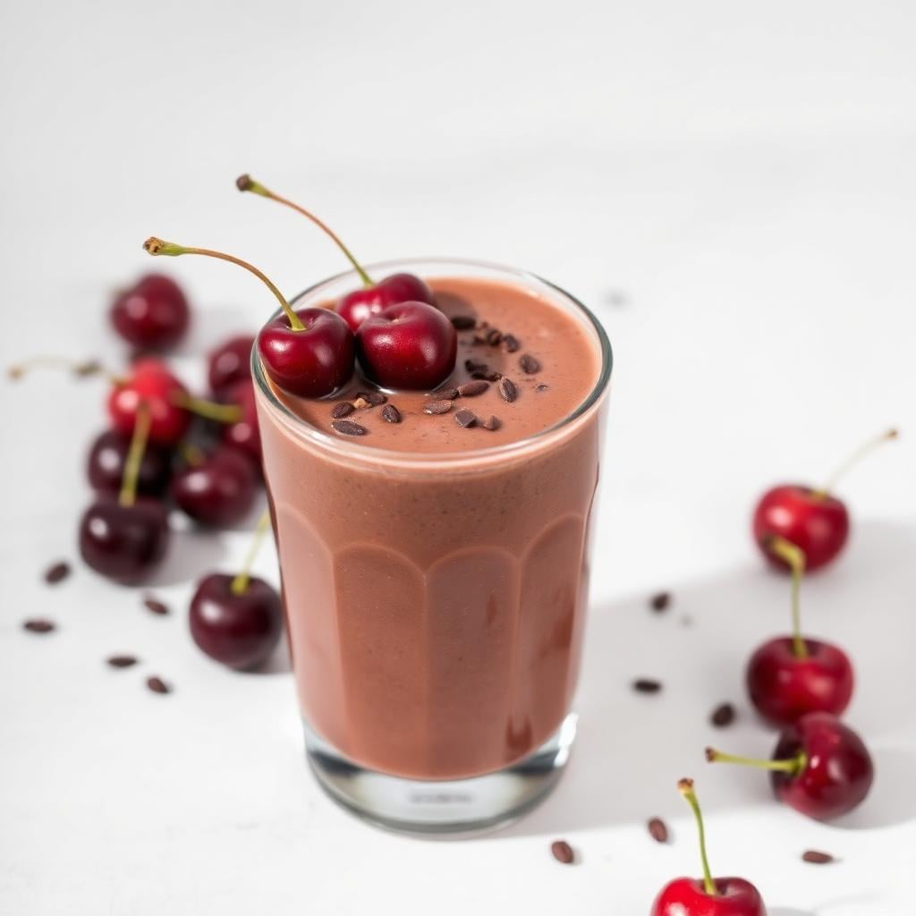 Chocolate cherry smoothie in a glass topped with fresh cherries