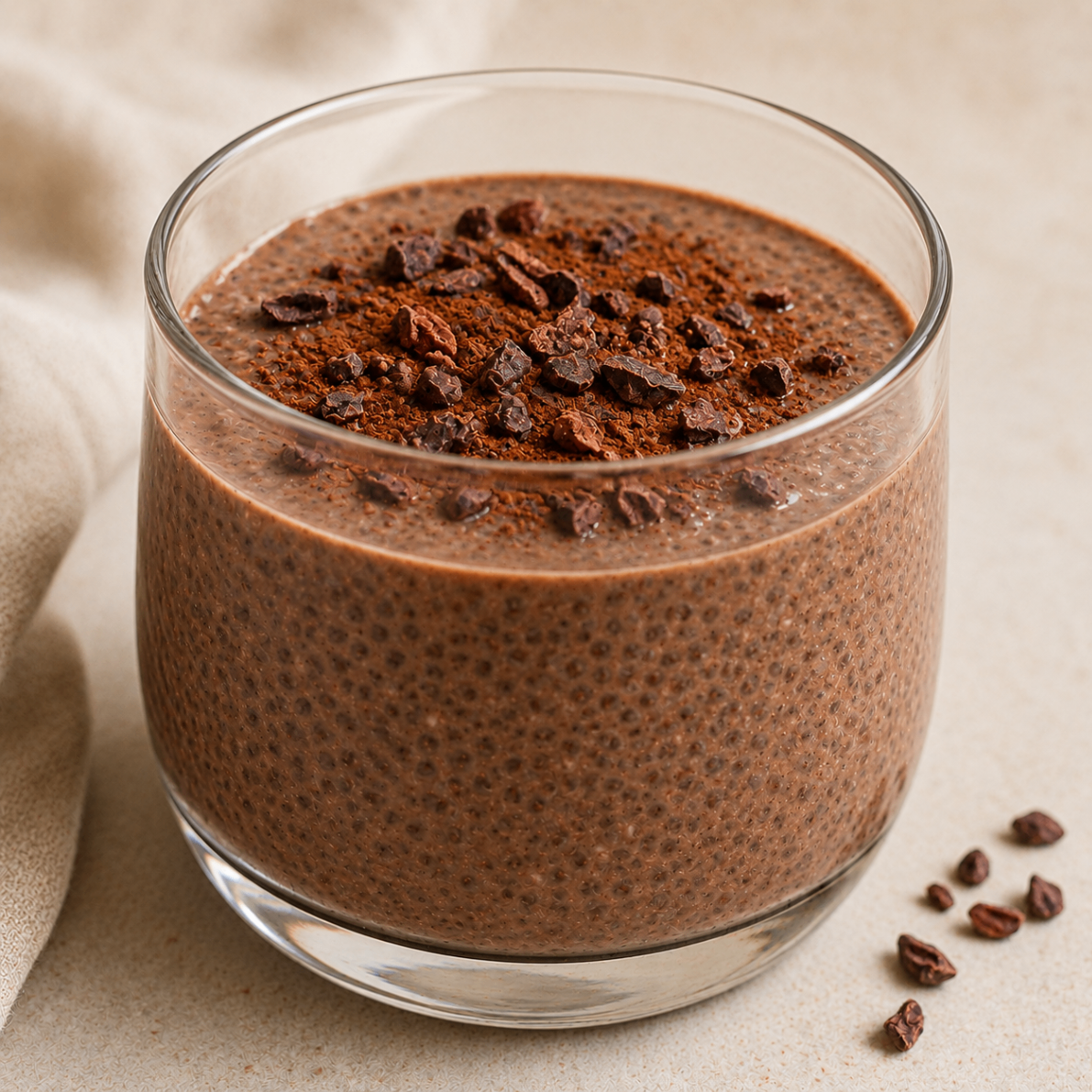 Chocolate chia pudding in a glass pot