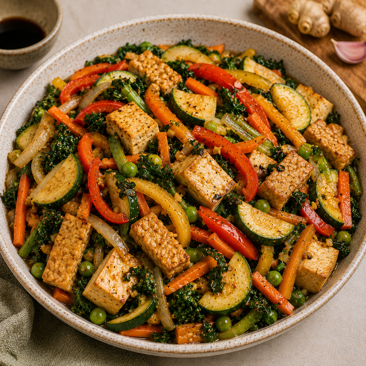 Vegetable and tofu stir fry with courgette, peppers and greens