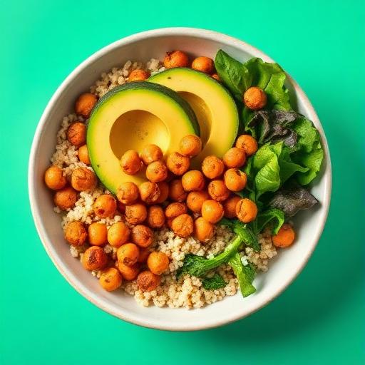 Vegan nutritional therapist - A colourful plant-based meal of grains, greens and roasted vegetables