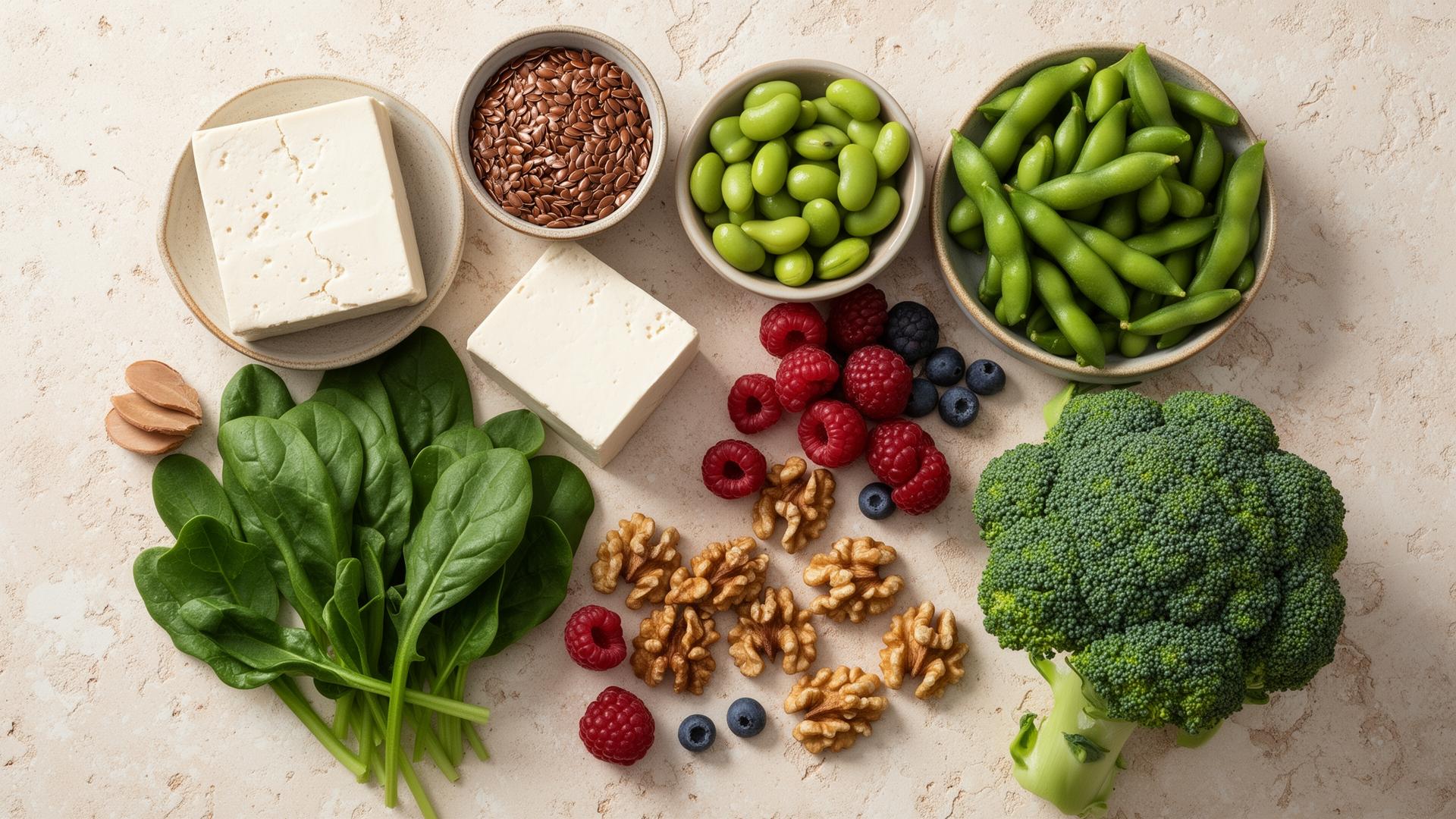 Overhead view of fresh whole-food ingredients on a stone surface