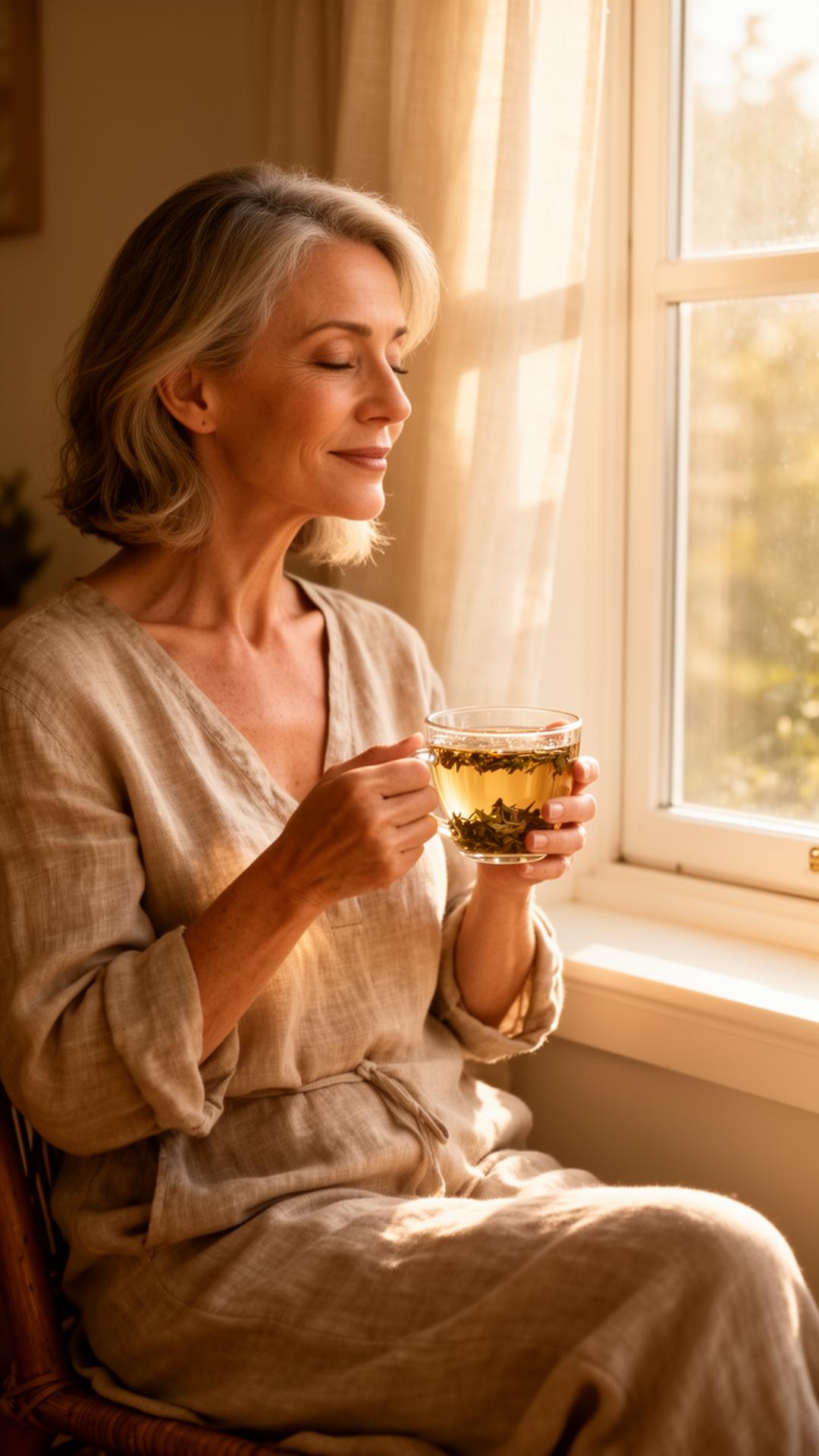 A woman in linen clothes sitting quietly by a window with a cup of tea