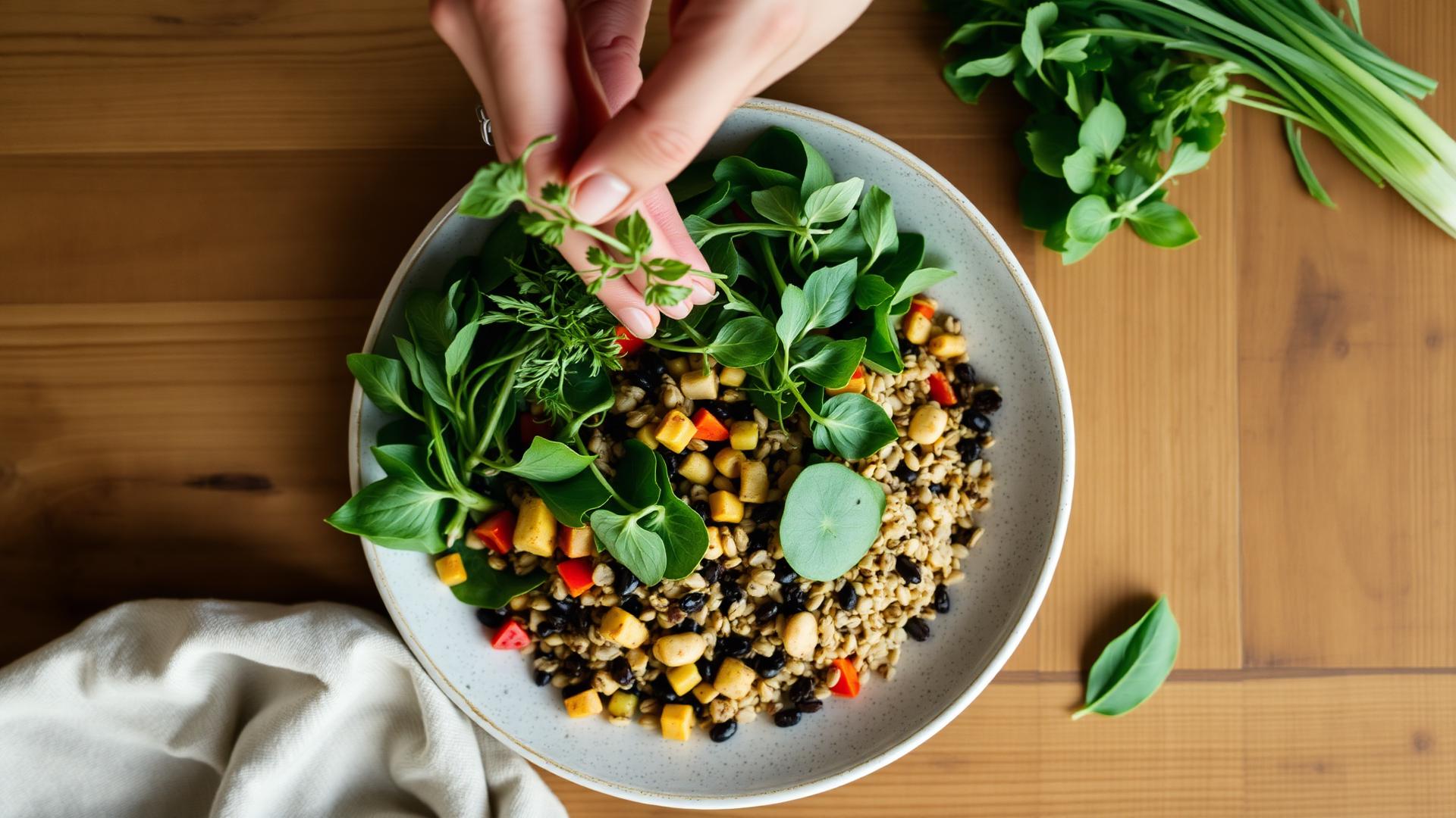 Nutrition coaching services | A hand sprinkling fresh herbs over a colourful plant-based grain bowl
