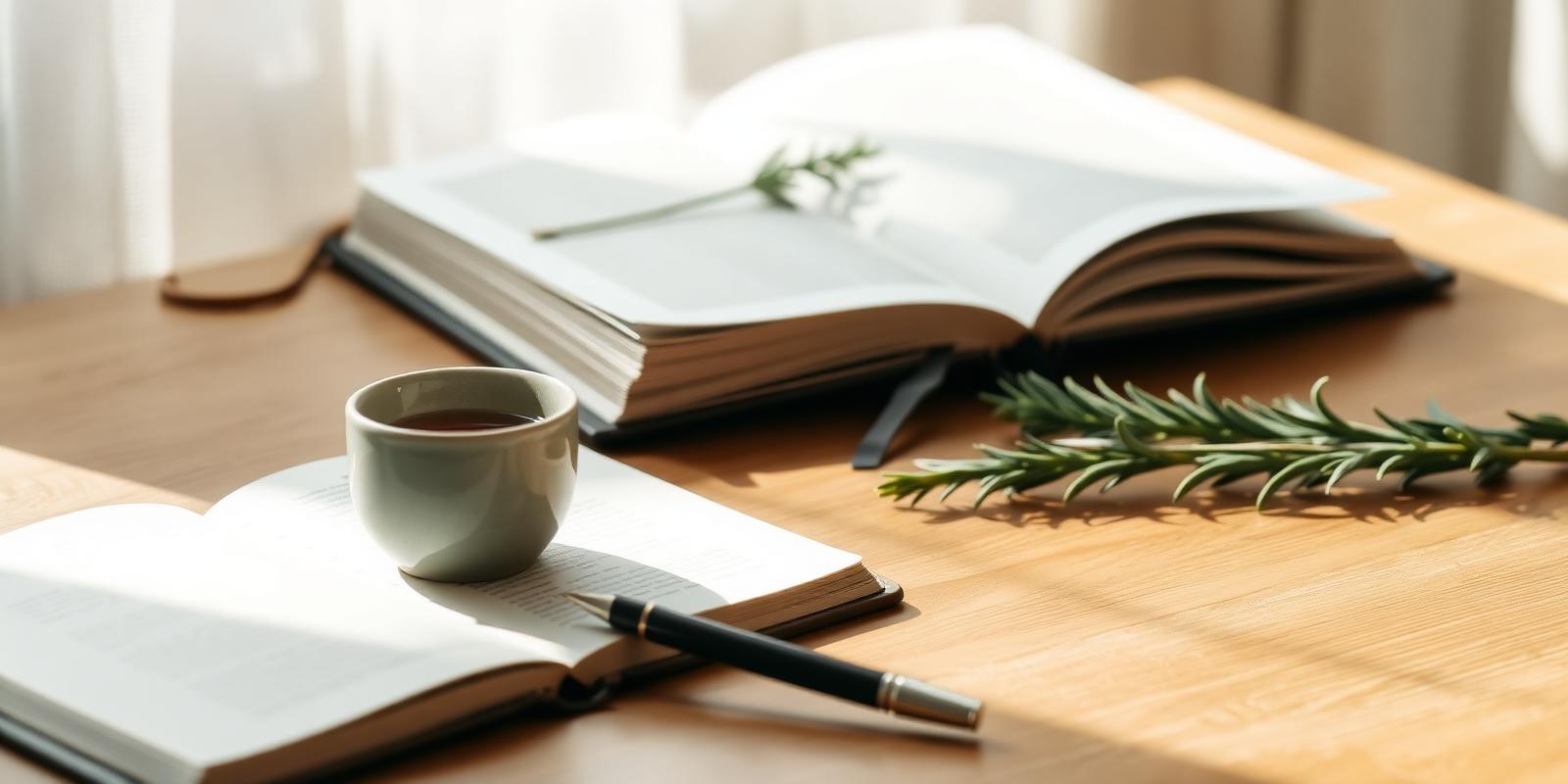 An open journal, fountain pen and a cup of herbal tea on a sunlit wooden desk