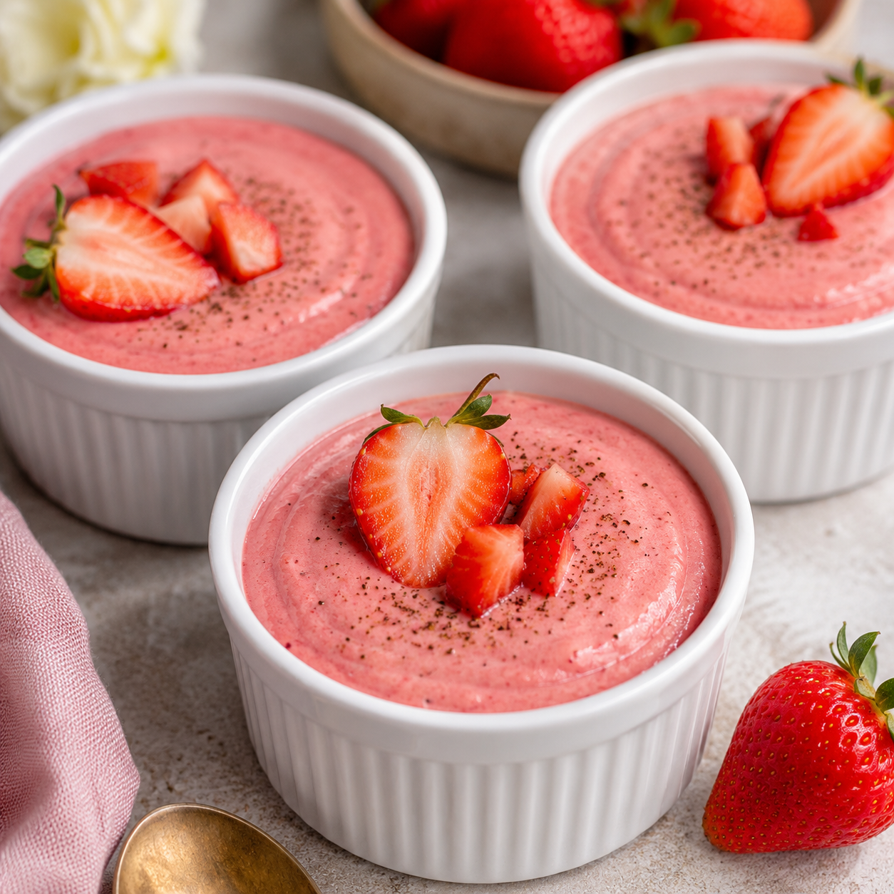 Strawberry mousse in ramekins topped with fresh strawberries
