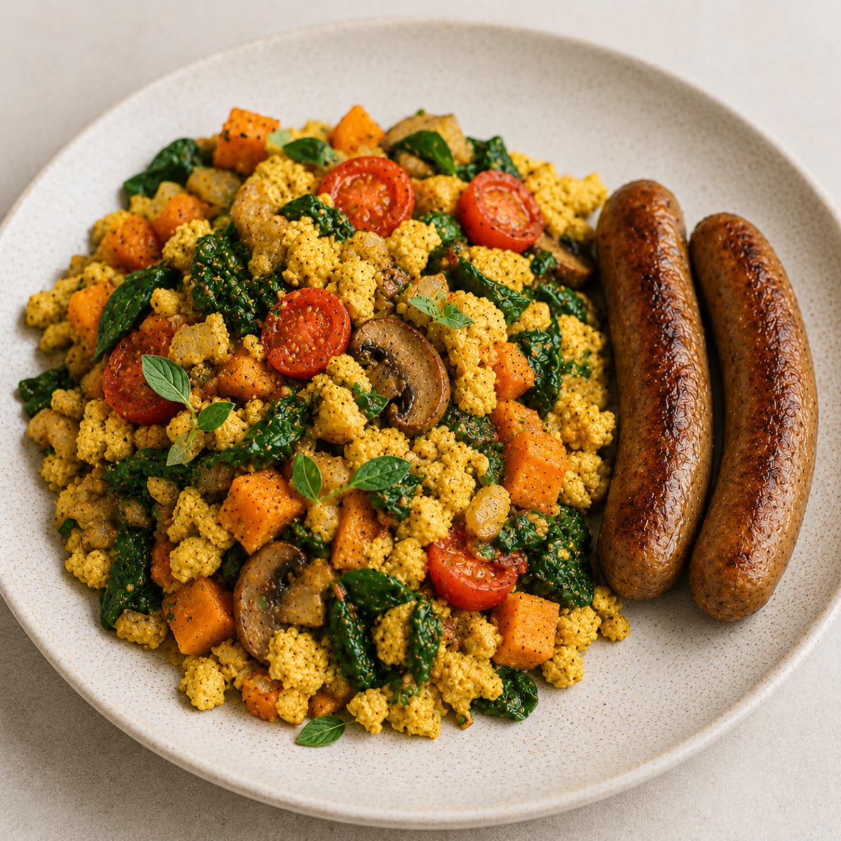 Tofu scramble with greens, vegetables and plant-based sausages